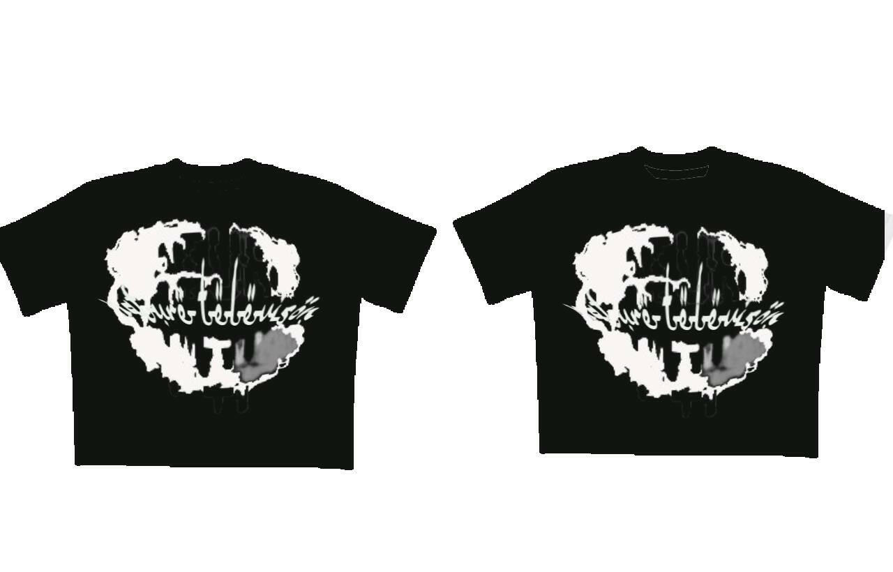 black t-shirts with white cloud design and out the clouds text graphic