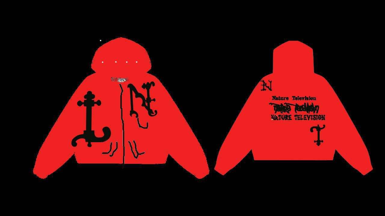 Red LNNT jacket with black puff print logo, rhinestone hood, double pockets, and embroidered NT logo on front and back