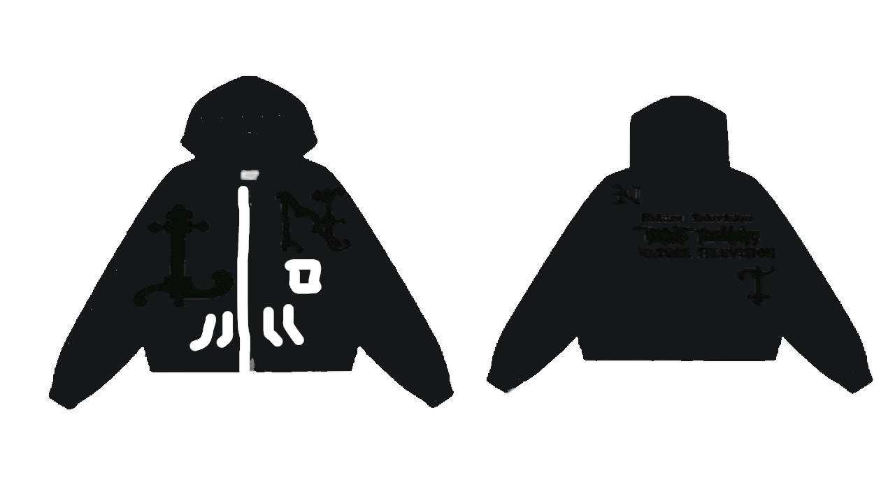 Black LNNT jacket with puff print logo, rhinestone hood, and double pockets, front and back views