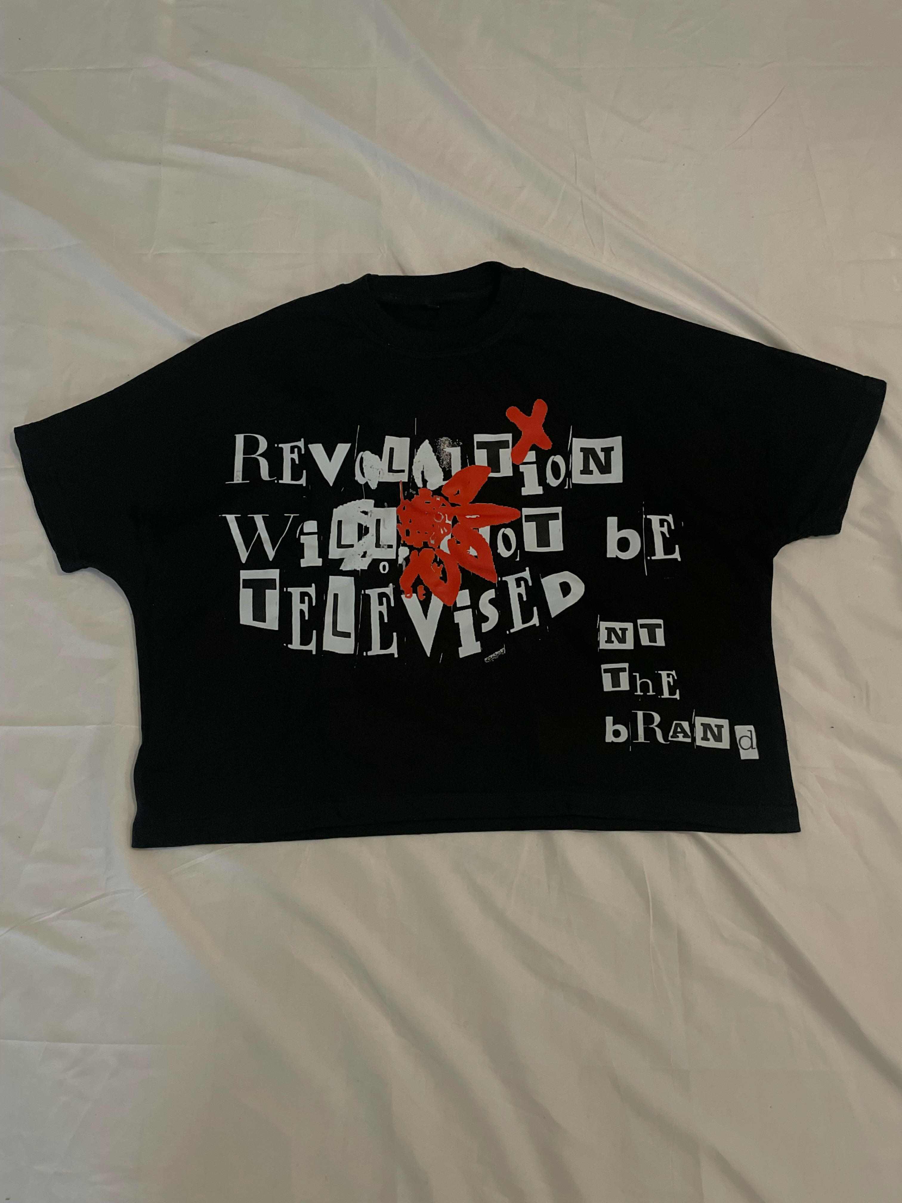 Black Red RWNBT BOX FIT T-shirt with Revolution Will To Be Televised graphic and red flower logo