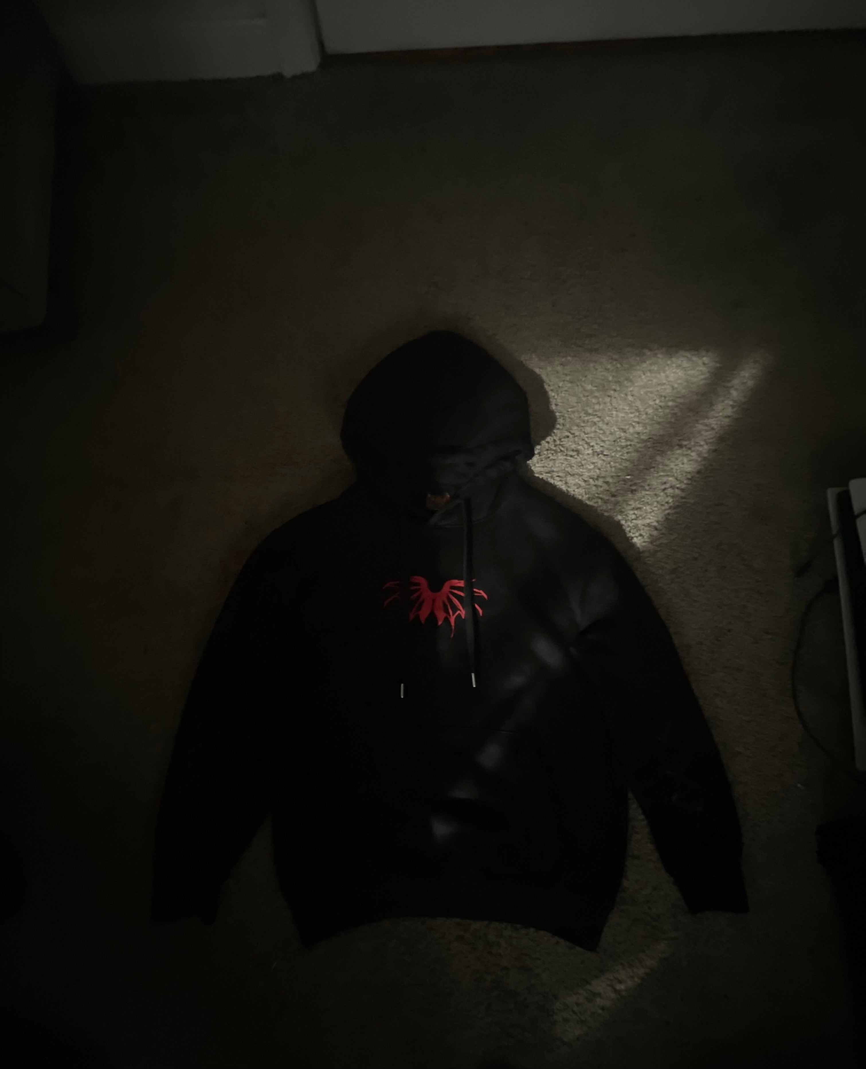 X6 Creature hoodie black men's cotton drawstring hoodie with red creature print and double side pockets