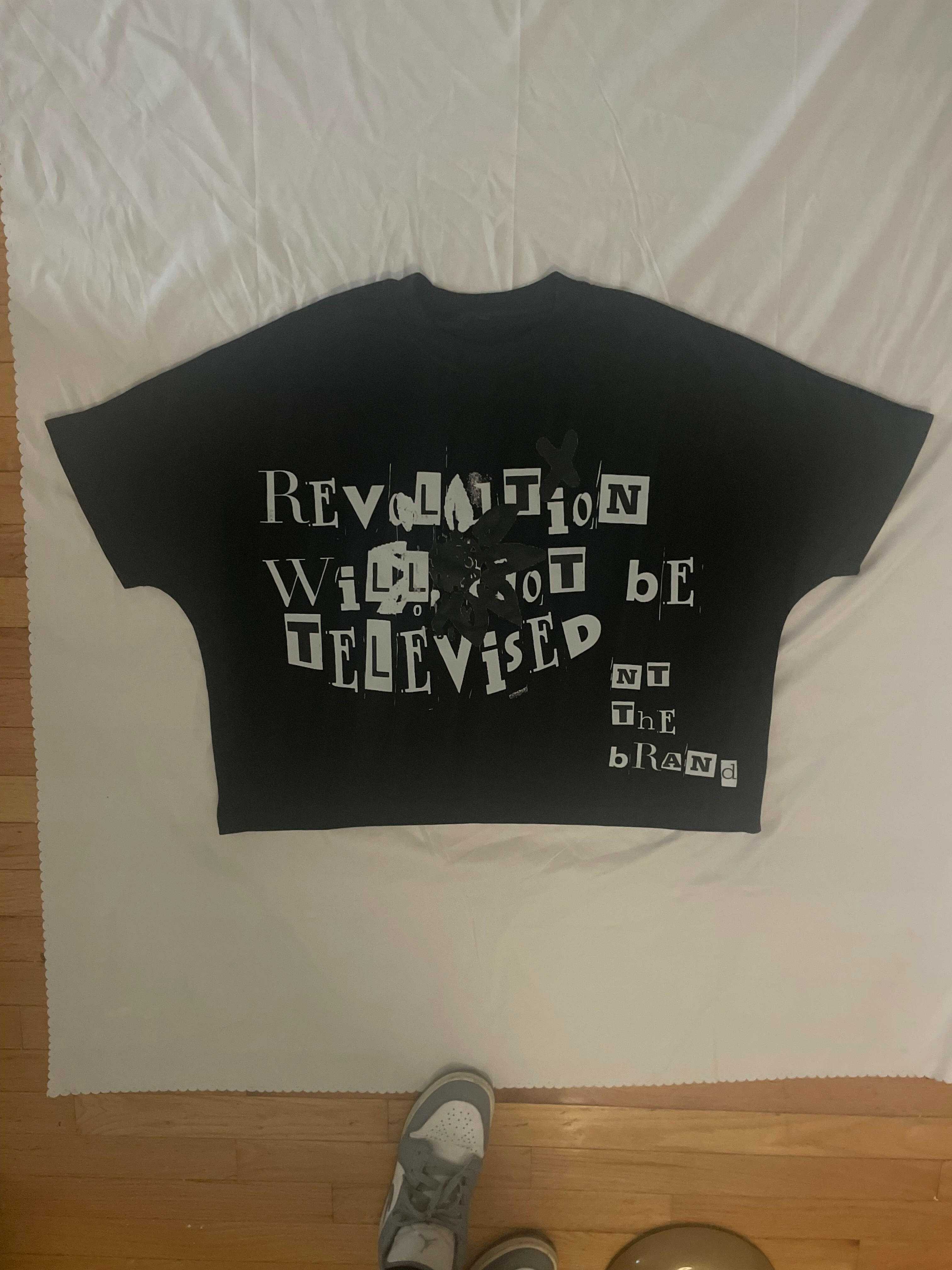 Black RWNBT Revolutuion  box fit T-shirt with white screen printed "Revolution Will Not Be Televised" text, 100% cotton, comfortable fit