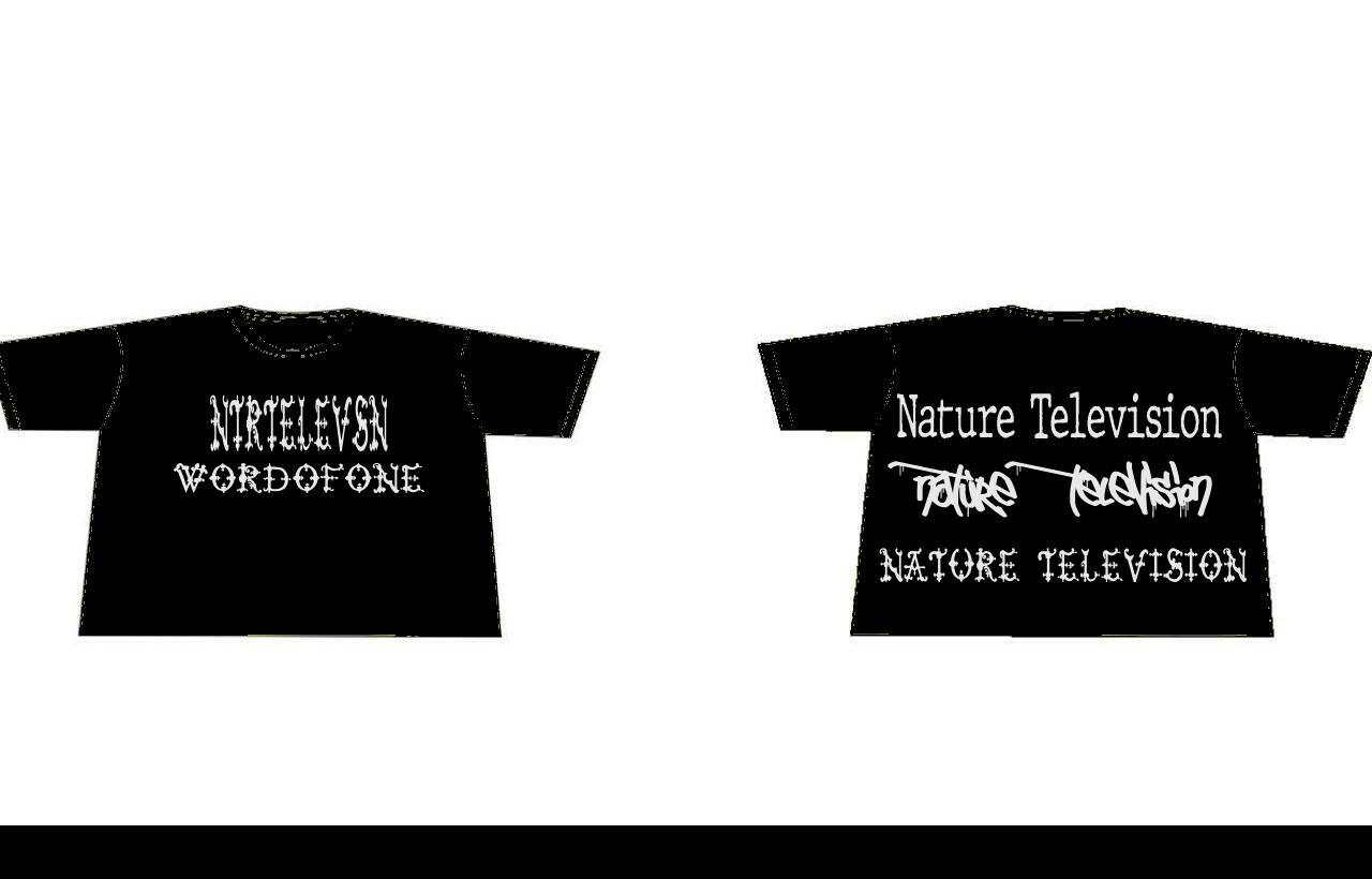 Black 100% cotton "word of one" T-shirt with white text logos on front and back in various fonts.